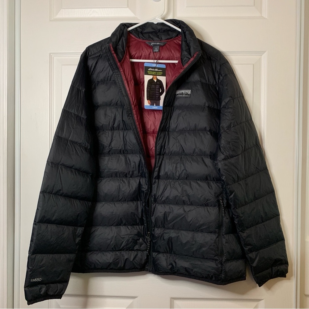 Eddie Bauer- Black and Maroon -Mens Microlight IV Down Puffer Jacket -Size Large